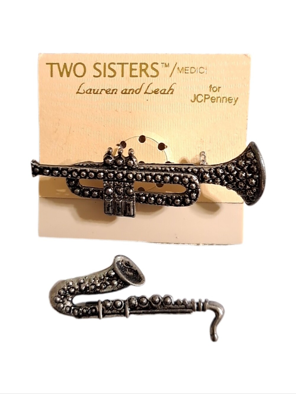 Two Sisters by Medici JCPenney Trumpet & Saxophone Brooch Set – Silver Tone Musi